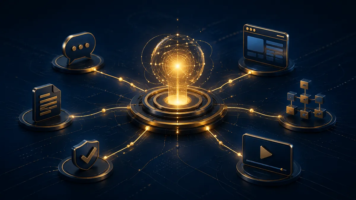 Núcleo de inteligencia artificial conectado a herramientas digitales en azul marino y dorado