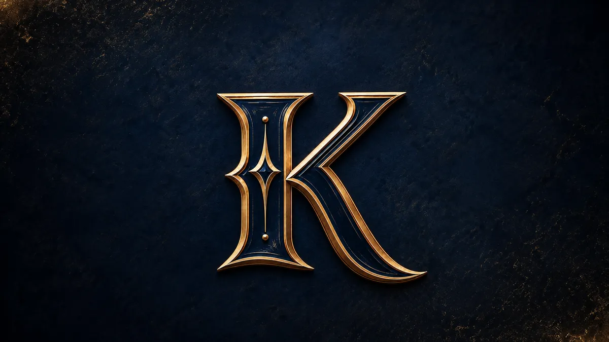 Emblema de Kumado en azul marino y dorado sobre un fondo azul marino texturizado