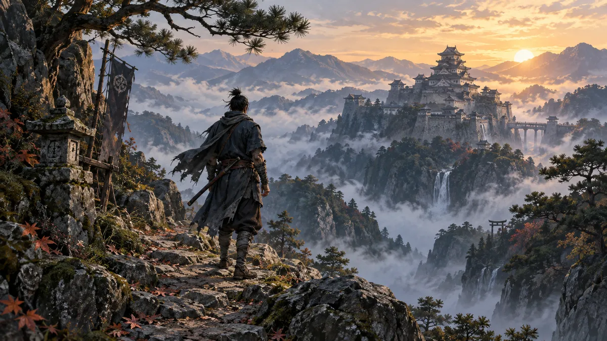 Ilustración generada con IA de un shinobi ante un castillo entre montañas japonesas al amanecer; no es una imagen oficial de Sekiro: No Defeat.