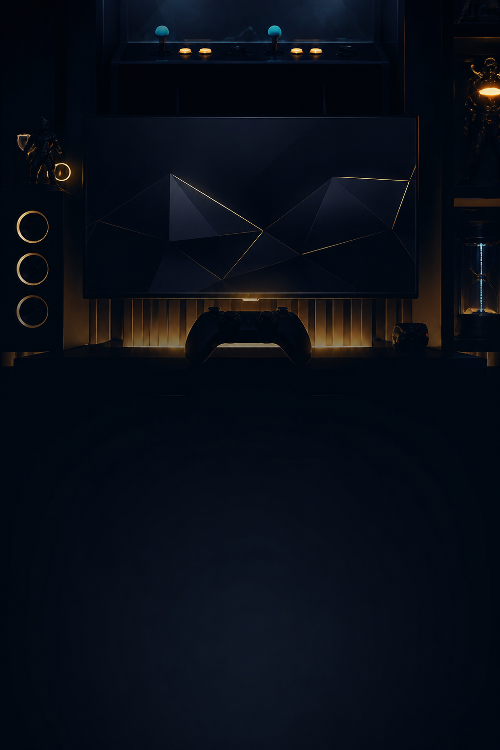 Espacio gaming contemporáneo con pantalla, mando y estética oscura